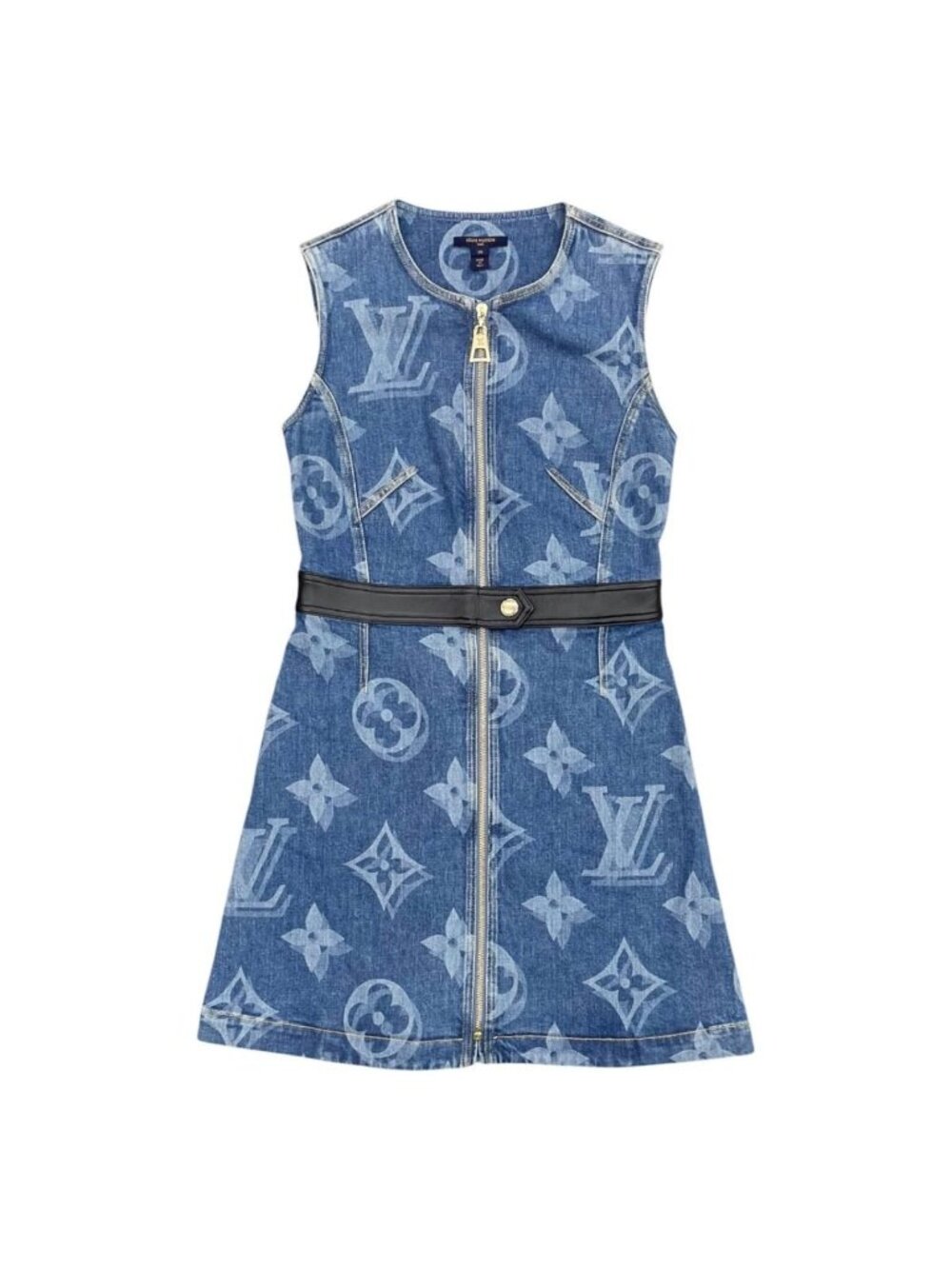 Louis Vuitton Dress Monogram Giant Sleeveless Denim Leather Logo Blue 38